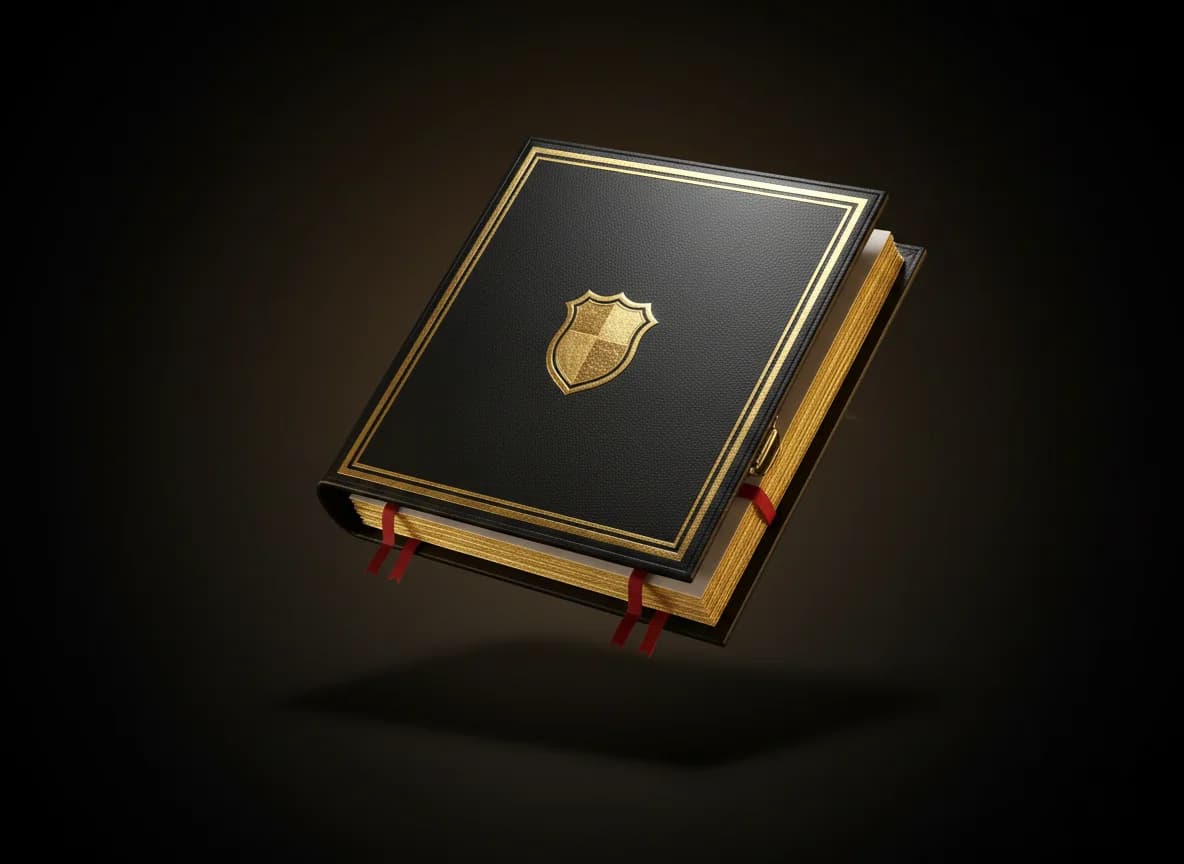 Mockup do Kit de Peças Jurídicas — pasta premium em couro preto com escutcheon dourado