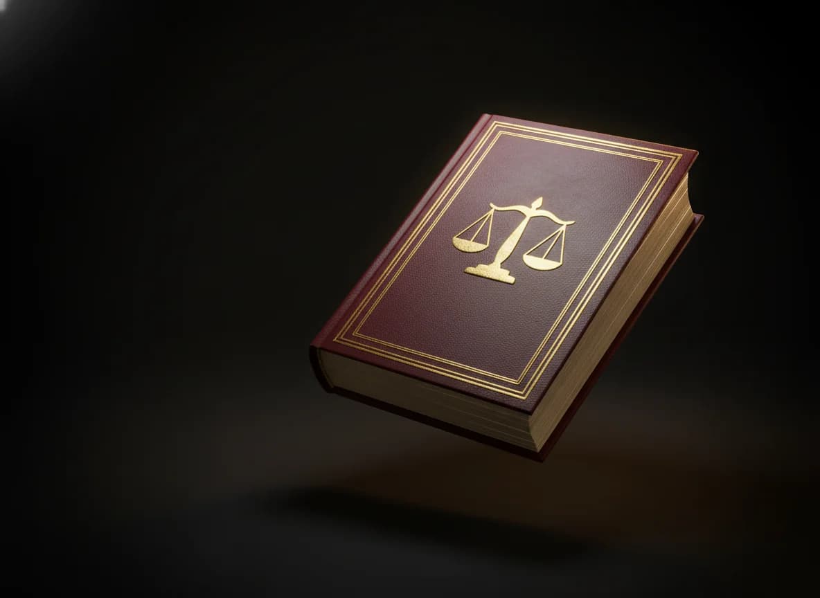 Mockup do Manual das Teses — livro premium em couro bordô com selo dourado de scales of justice