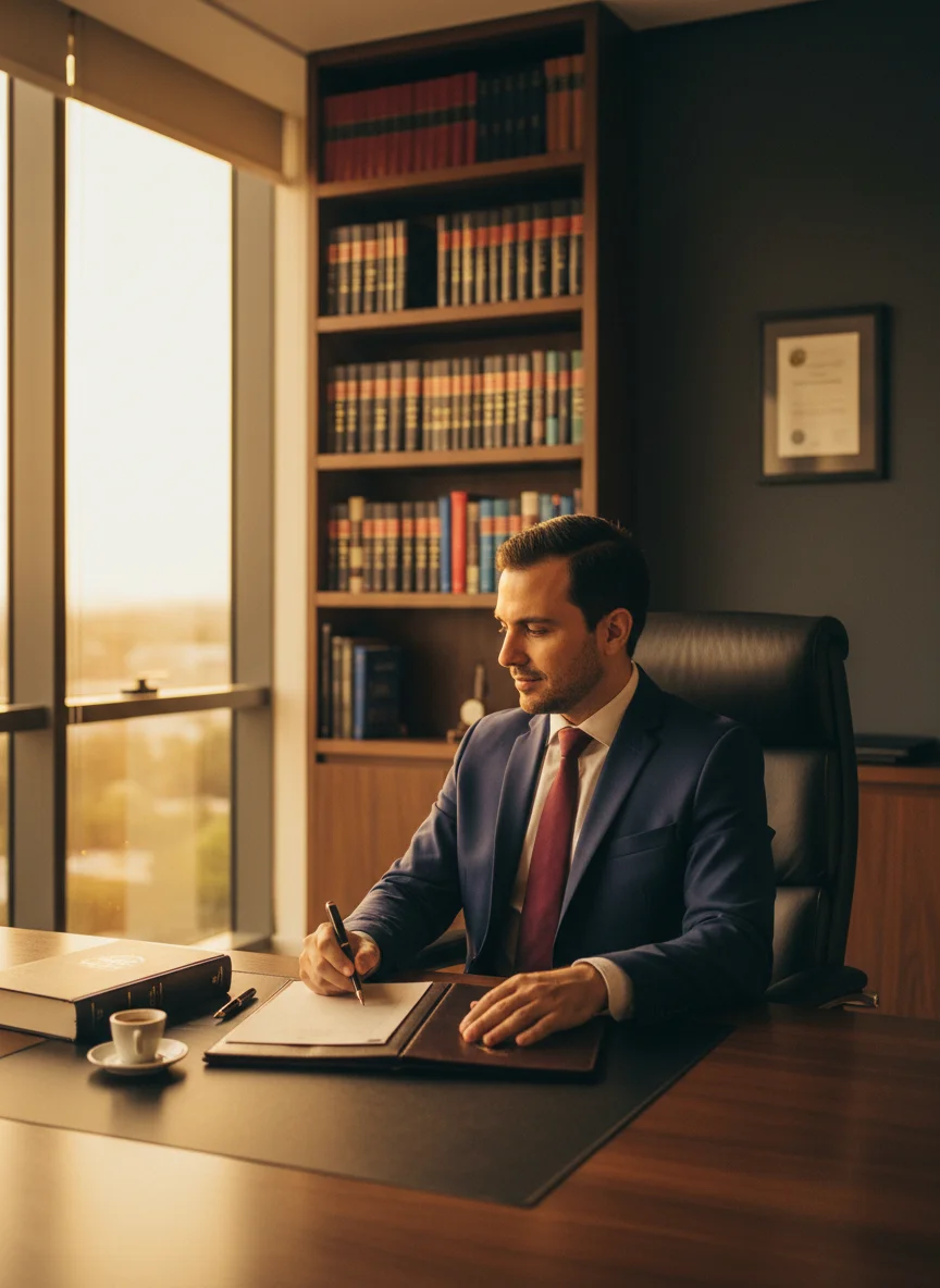 Advogado realizado em escritório premium na hora dourada — depois de aplicar o método