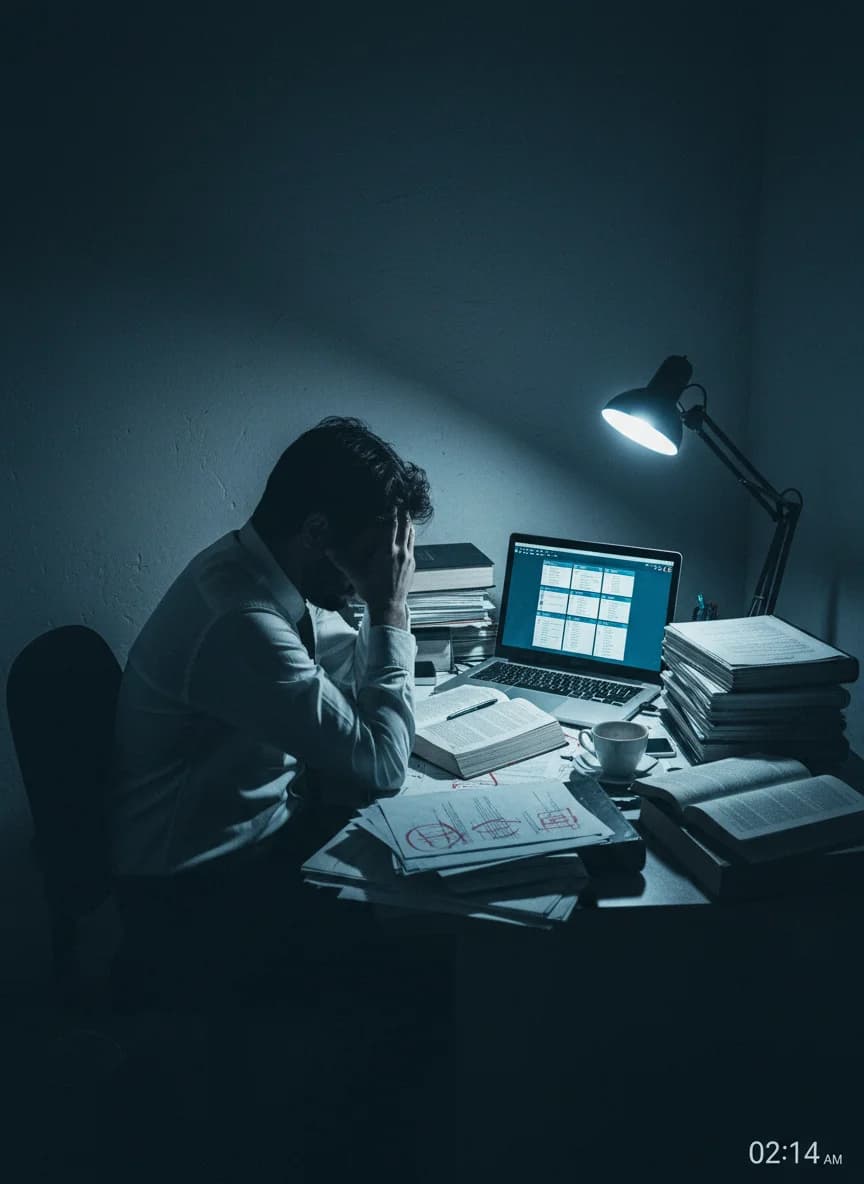 Advogado exausto trabalhando sozinho de madrugada — antes de conhecer o método